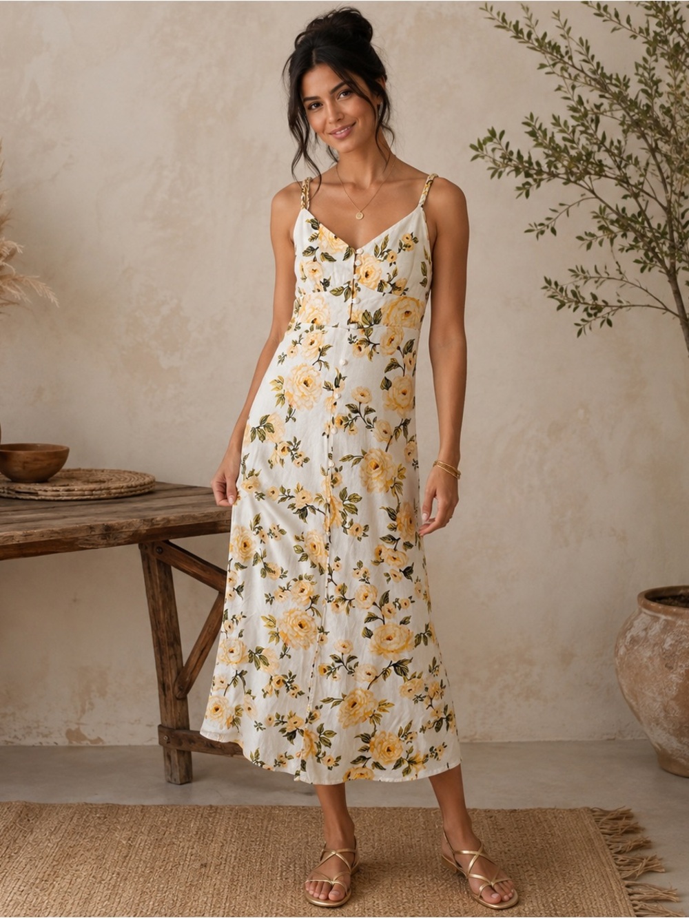 🌸Monteau Los Angeles Yellow Floral V-Neck Midi Dress XS Linen Blend Cottagecore